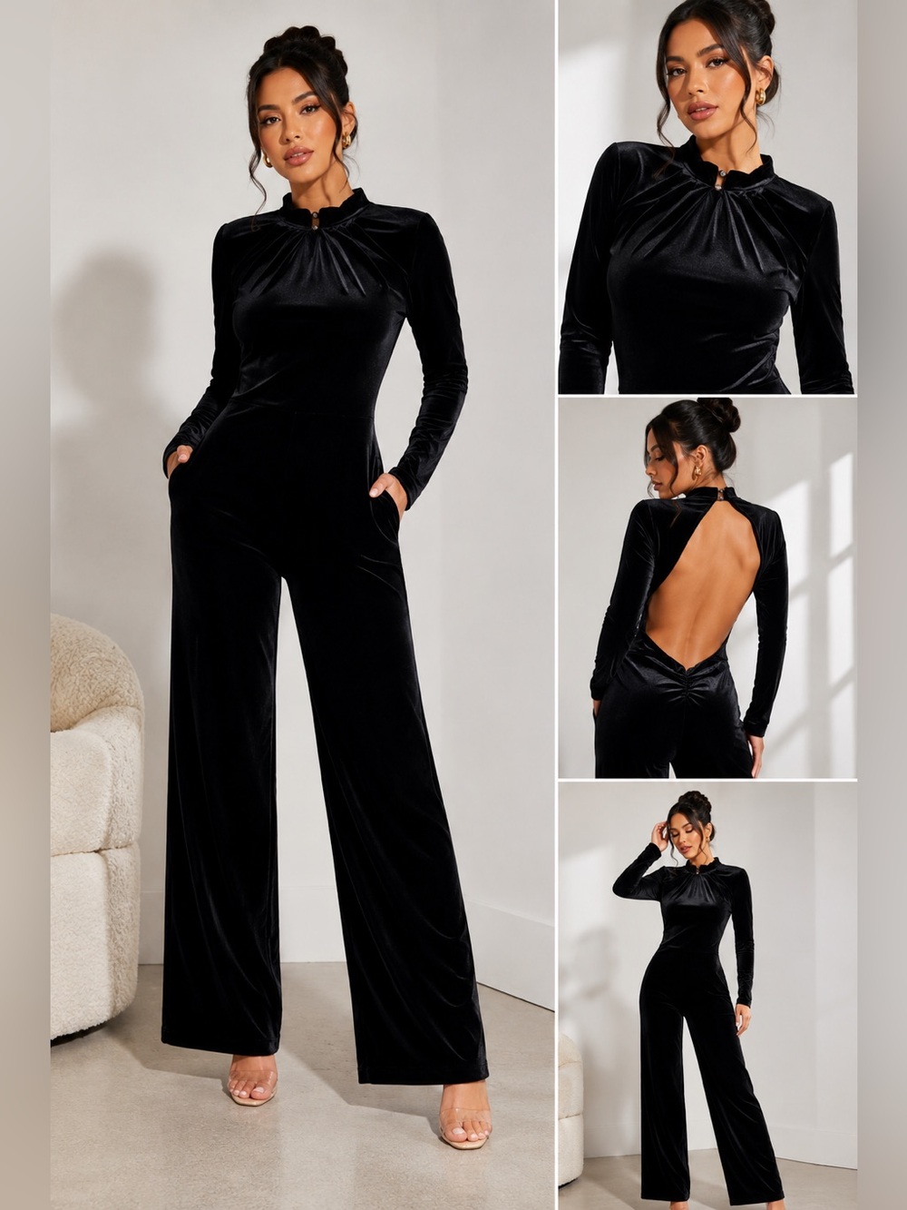 Fashion Nova Black Velvet Wide Leg Jumpsuit Open Back Size L Preowned Elegant